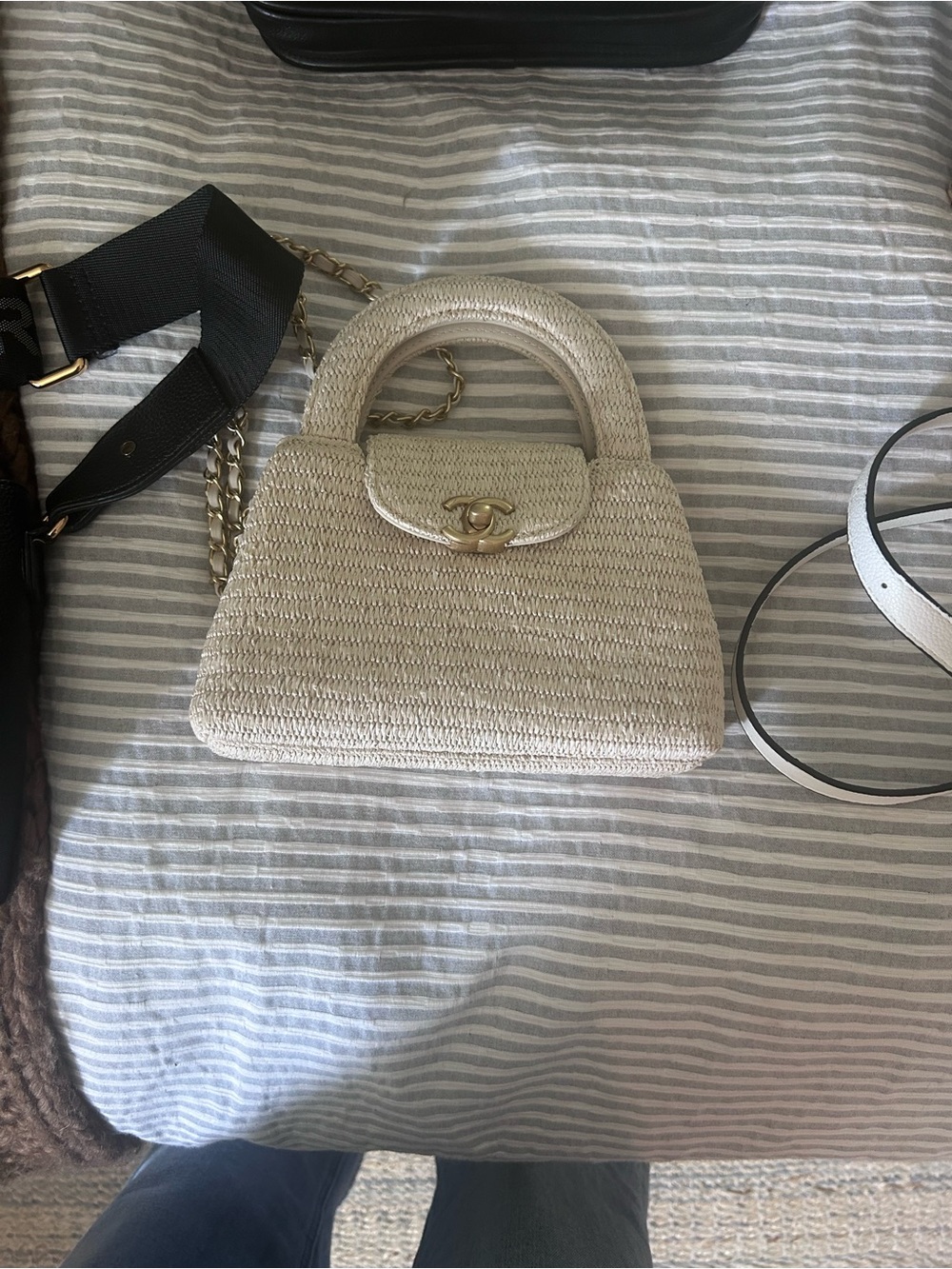 Designer inspired Chic Woven Top-Handle Bag in Cream with Gold Hardware